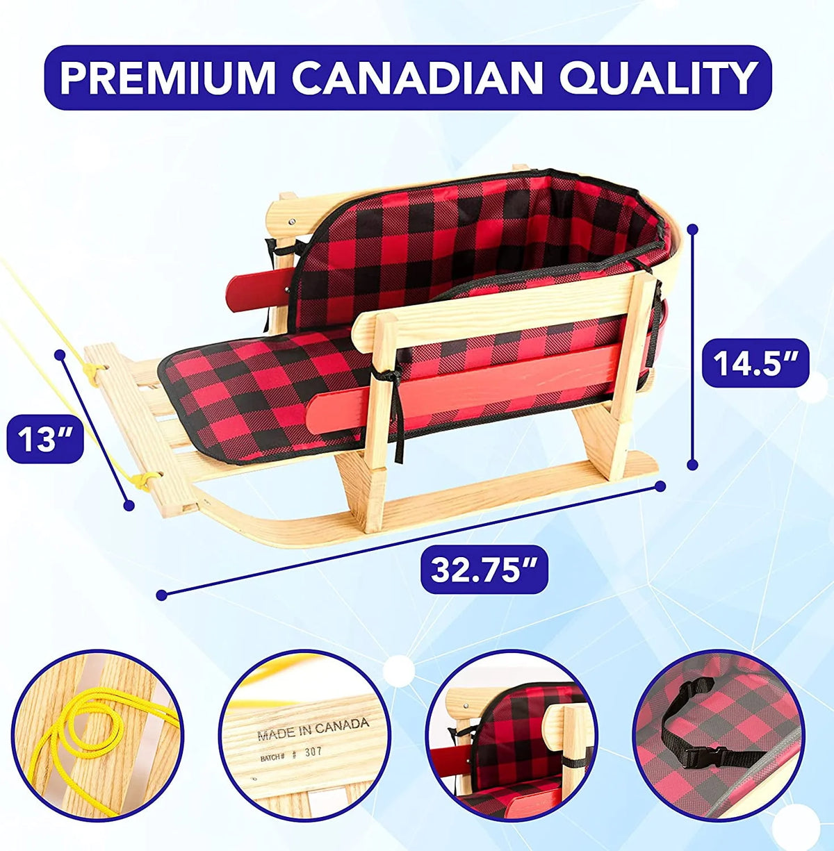 Wood Snow Sled with Cushion Seat and Pulling Rope L842