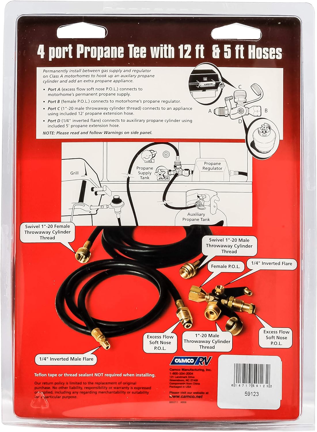 Propane Brass 4 Port Tee with 5ft and 12ft Hoses B754548