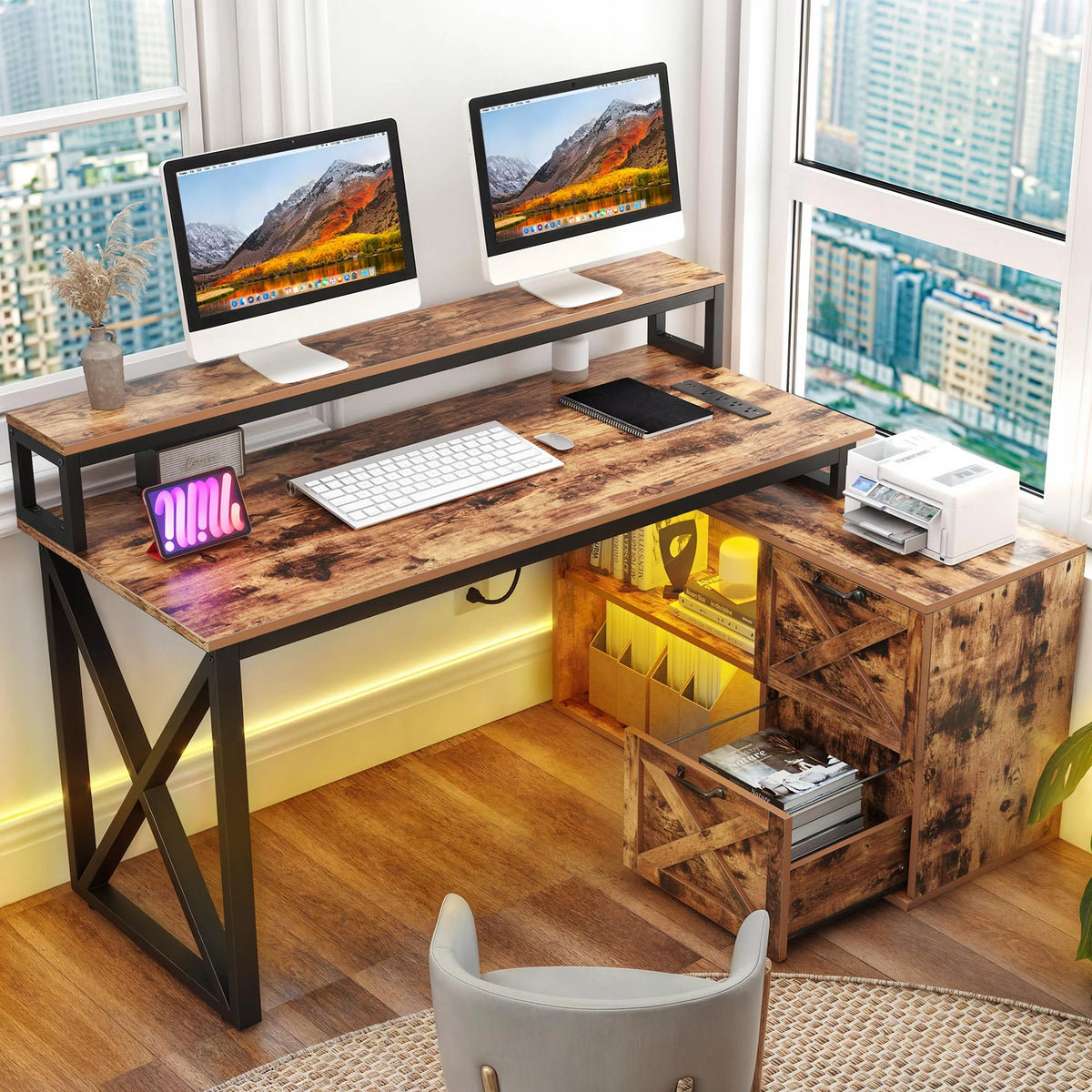 55" L Shaped Desk with Power Outlets and Monitor Stand U4792
