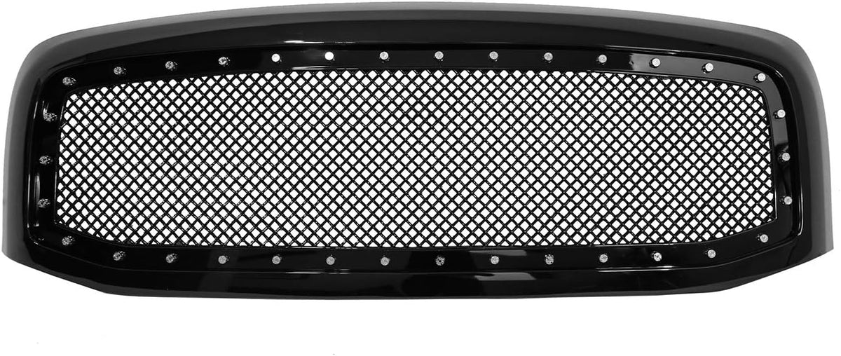 Gloss Black Front Grille with Mesh and Rivets S4654