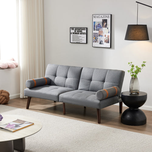 Grey Linen Convertible Sofa Bed Futon with Solid Wood Legs Y8118