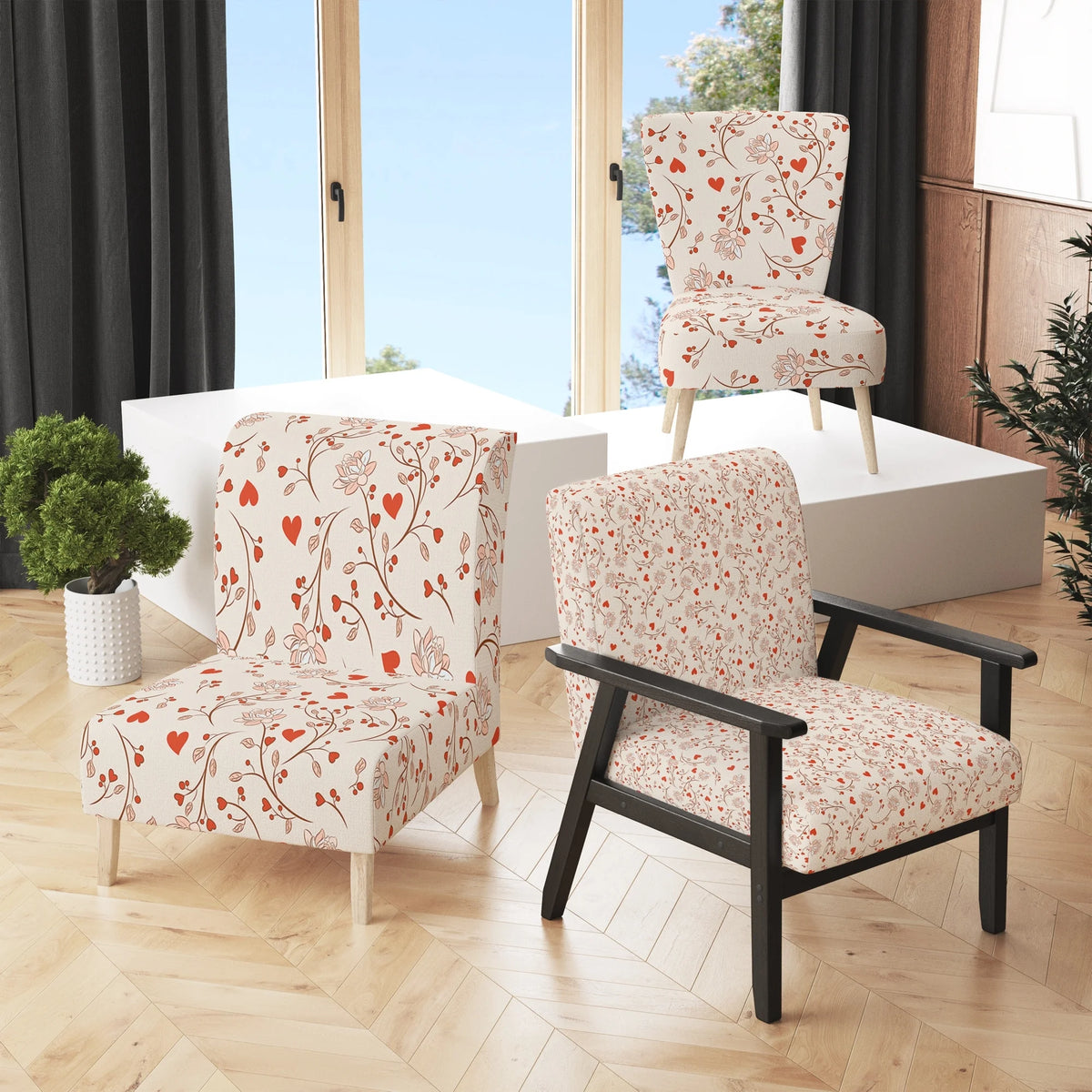 Red Vector Floral Pattern Upholstered Accent Chair and Arm Chair H238198