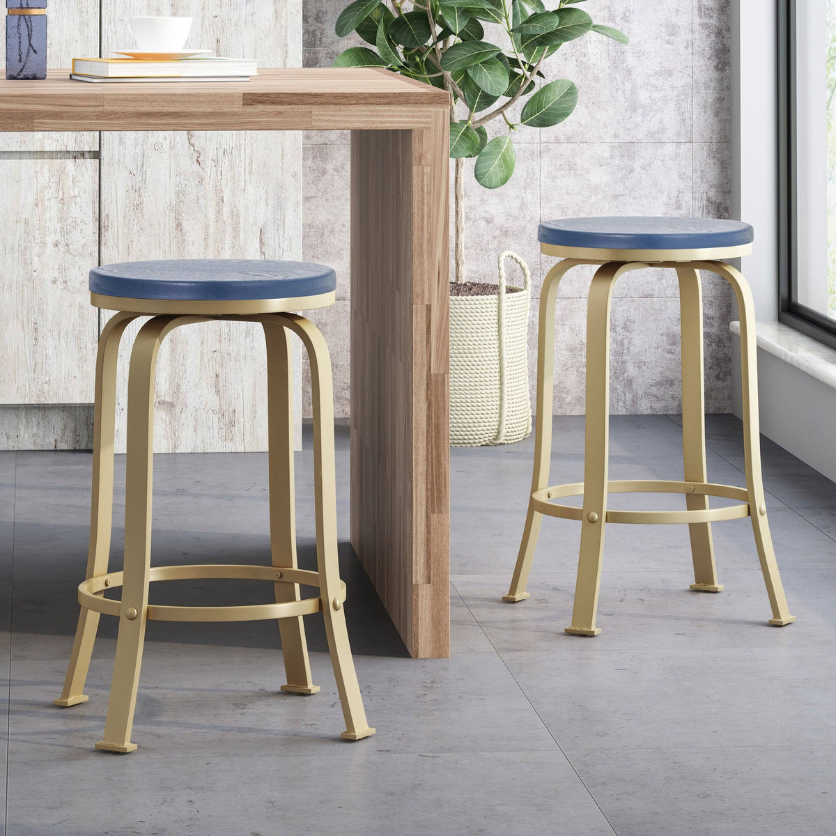 Blue Gold Swiveling Counter Stool Set of 2 V399