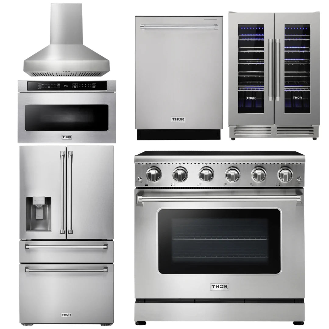 36 Electric Range, Range Hood, Microwave, Refrigerator, Dishwasher, Wine Cooler S16036