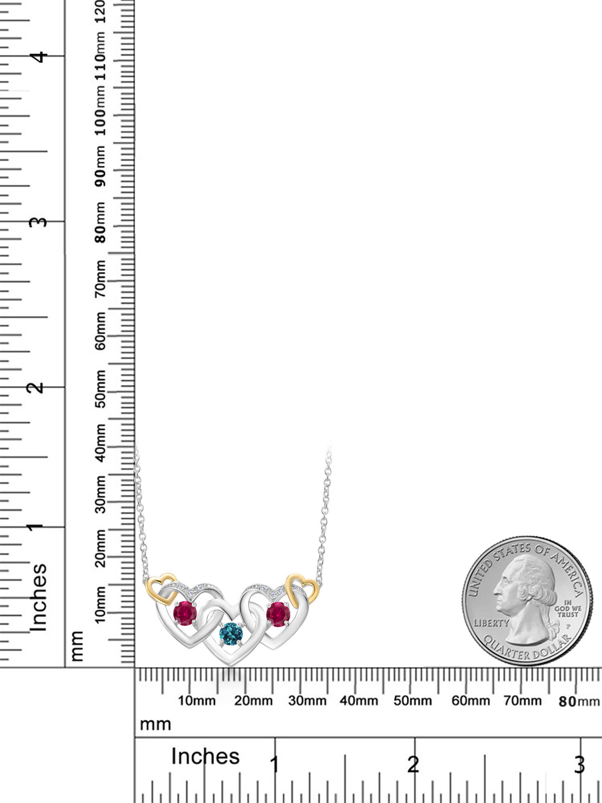 925 Silver 10K Yellow Gold London Blue Topaz Red Created Ruby White Lab Grown Diamond Heart Shape Pendant Necklace with 18 inch Chain E67552