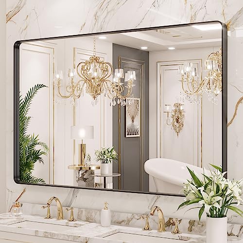 Black Metal Framed 22X30 Inch Rounded Rectangle Bathroom Mirror Y67208