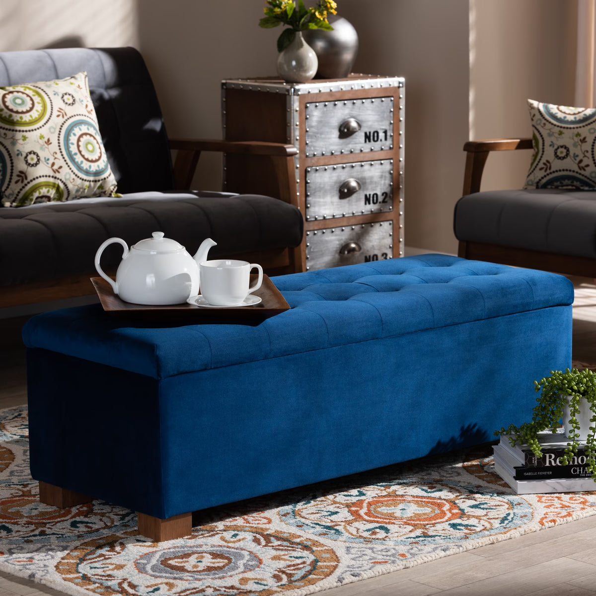 Navy Blue Velvet Storage Ottoman Bench L64998