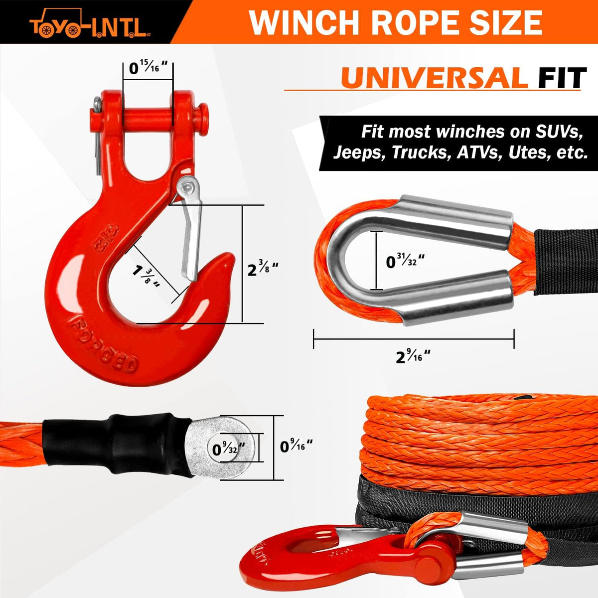 3/8" x 100ft Synthetic Winch Rope with Hook and Sleeve Protection Orange Recovery Cable Rope E527018