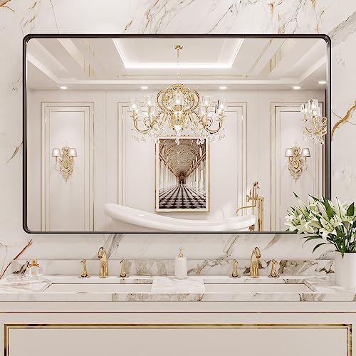 Black Metal Framed 22X30 Inch Rounded Rectangle Bathroom Mirror Y67208