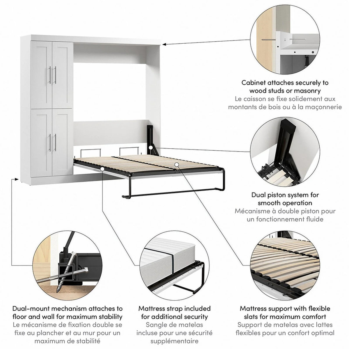 White Engineered Wood Full Murphy Bed with Closet Organizer V902
