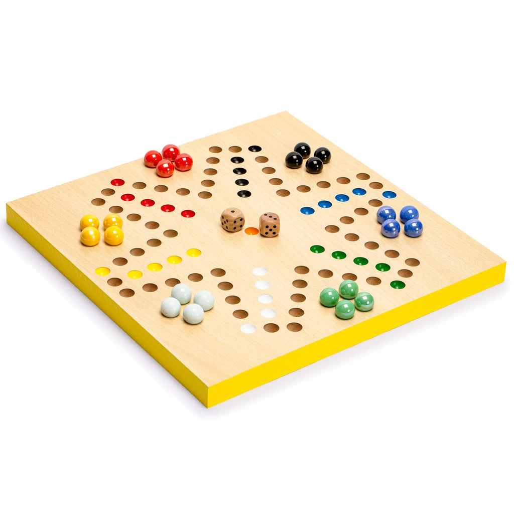 2-in-1 Reversible Ludo and Chinese Checkers Halma Wood and Glass Marble Game Set 12-Inch E3108