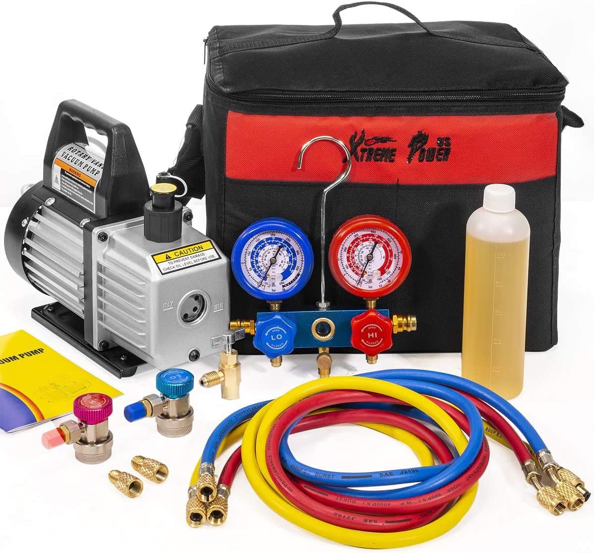 3CFM 1/4HP HVAC Air Vacuum Pump with Manifold Gauge and Carrying Tote D9107