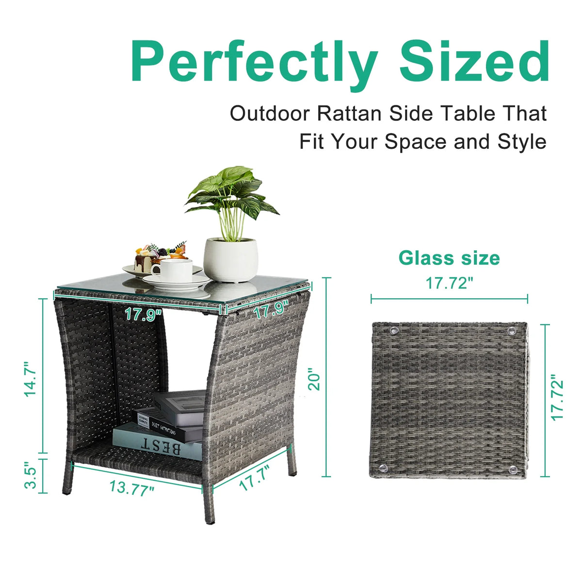17.9'' PE Rattan Wicker Side Table with Glass Top Storage Shelf I98973