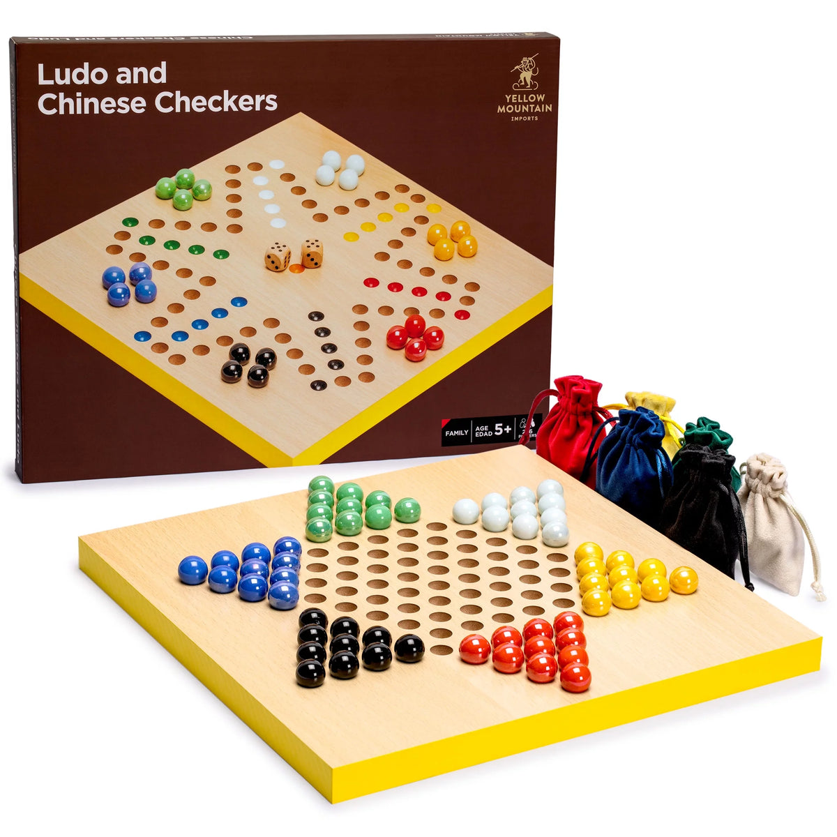 2-in-1 Reversible Ludo and Chinese Checkers Halma Wood and Glass Marble Game Set 12-Inch E3108