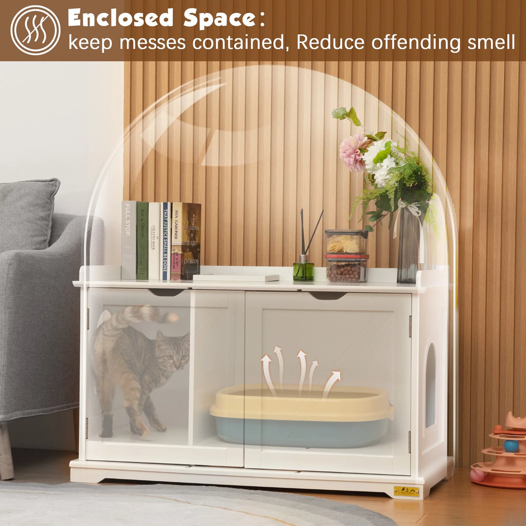 White Cat Litter Box Enclosure Storage Bench Furniture Q4135