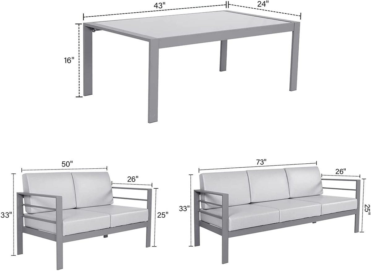 3 Pieces Metal Patio Sectional Sofa with Waterproof Cushion and Coffee Table K572242