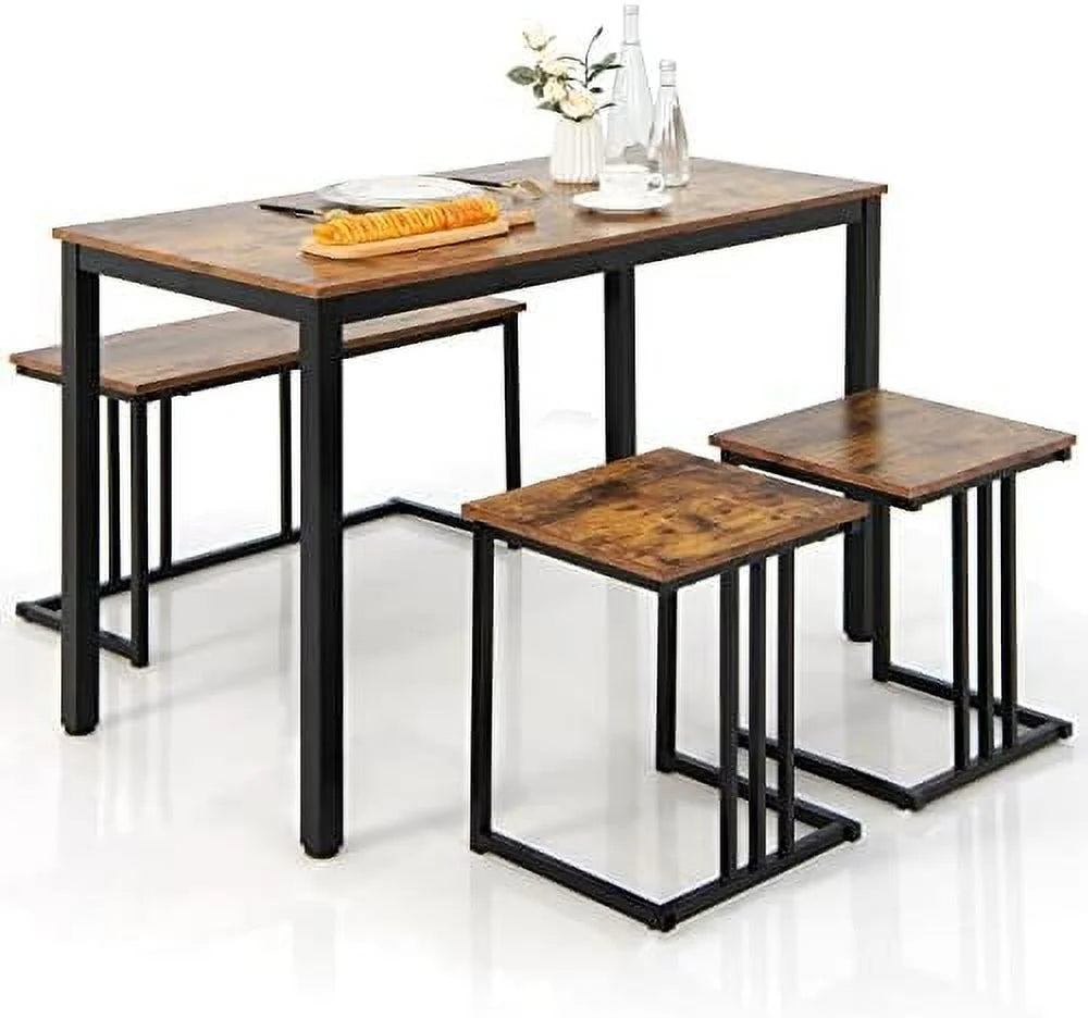4 Piece Dining Table Set with Bench and 2 Stools W4318