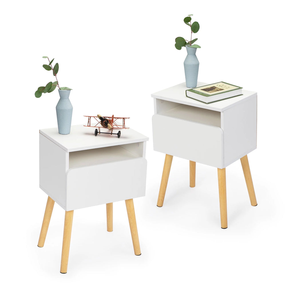 White Nightstands Set of 2 with Storage Drawer and Shelf E581051