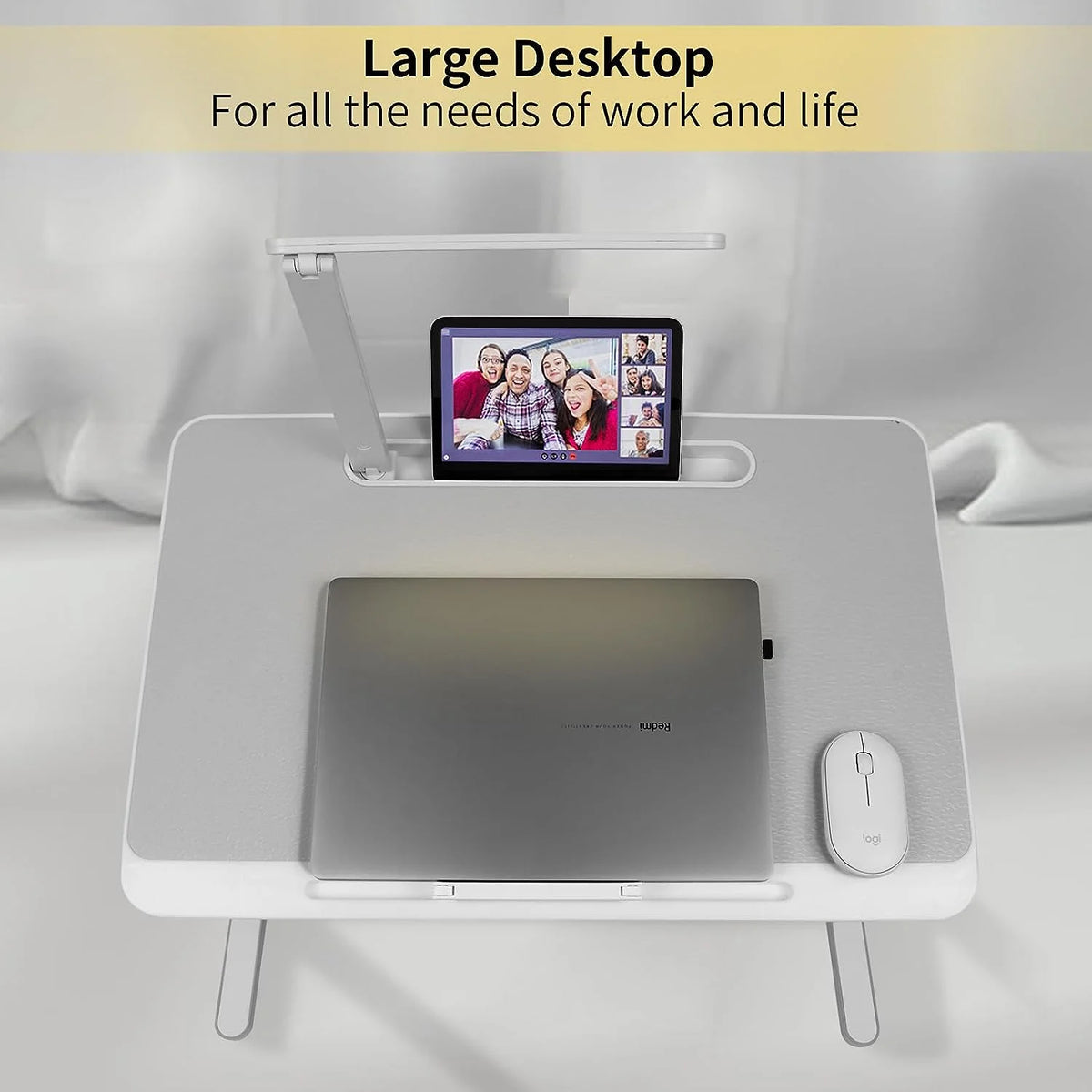 White Adjustable Laptop Table with LED Lights and Drawer Y4267