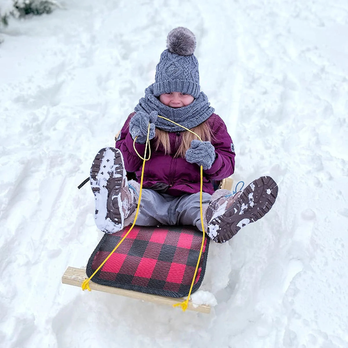 Wood Snow Sled with Cushion Seat and Pulling Rope L842