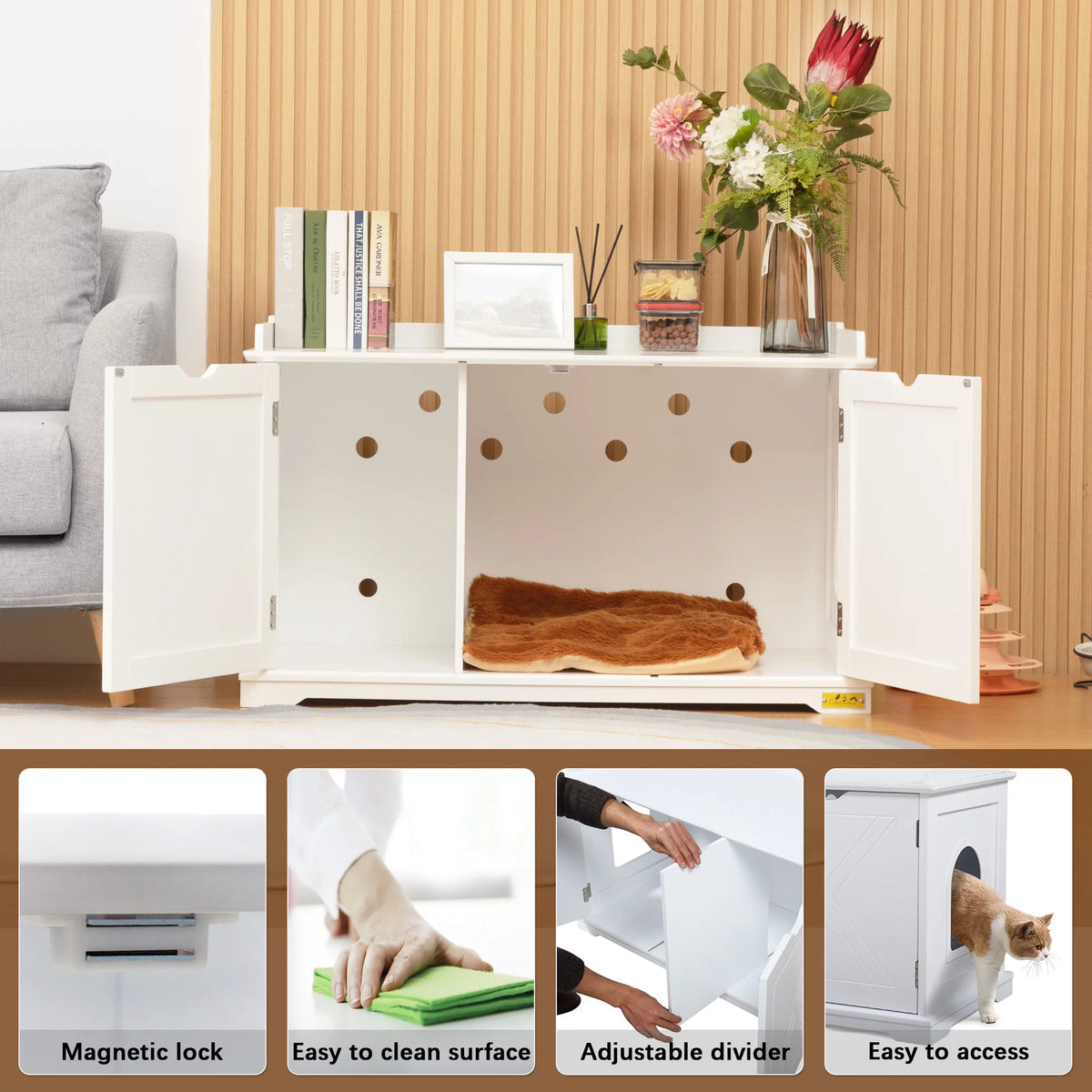 White Cat Litter Box Enclosure Storage Bench Furniture Q4135