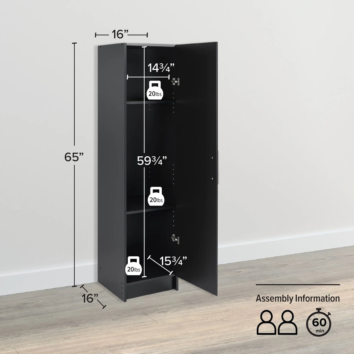 Black 16" Storage Cabinet with 2 Adjustable Shelves V46122
