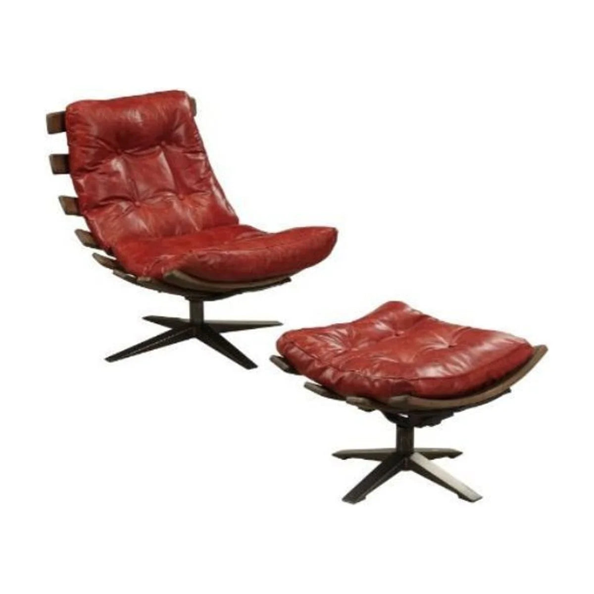Red Brown Top Grain Leather Tufted Swivel Lounge Chair with Ottoman S6956
