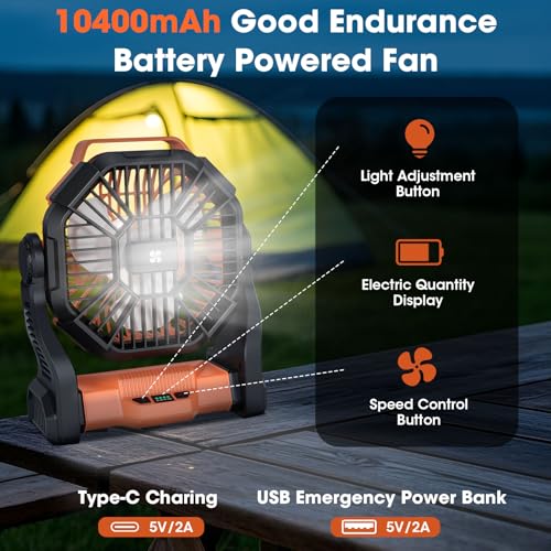 20400mAh Portable Rechargeable Fan with LED Light & Hook T2088