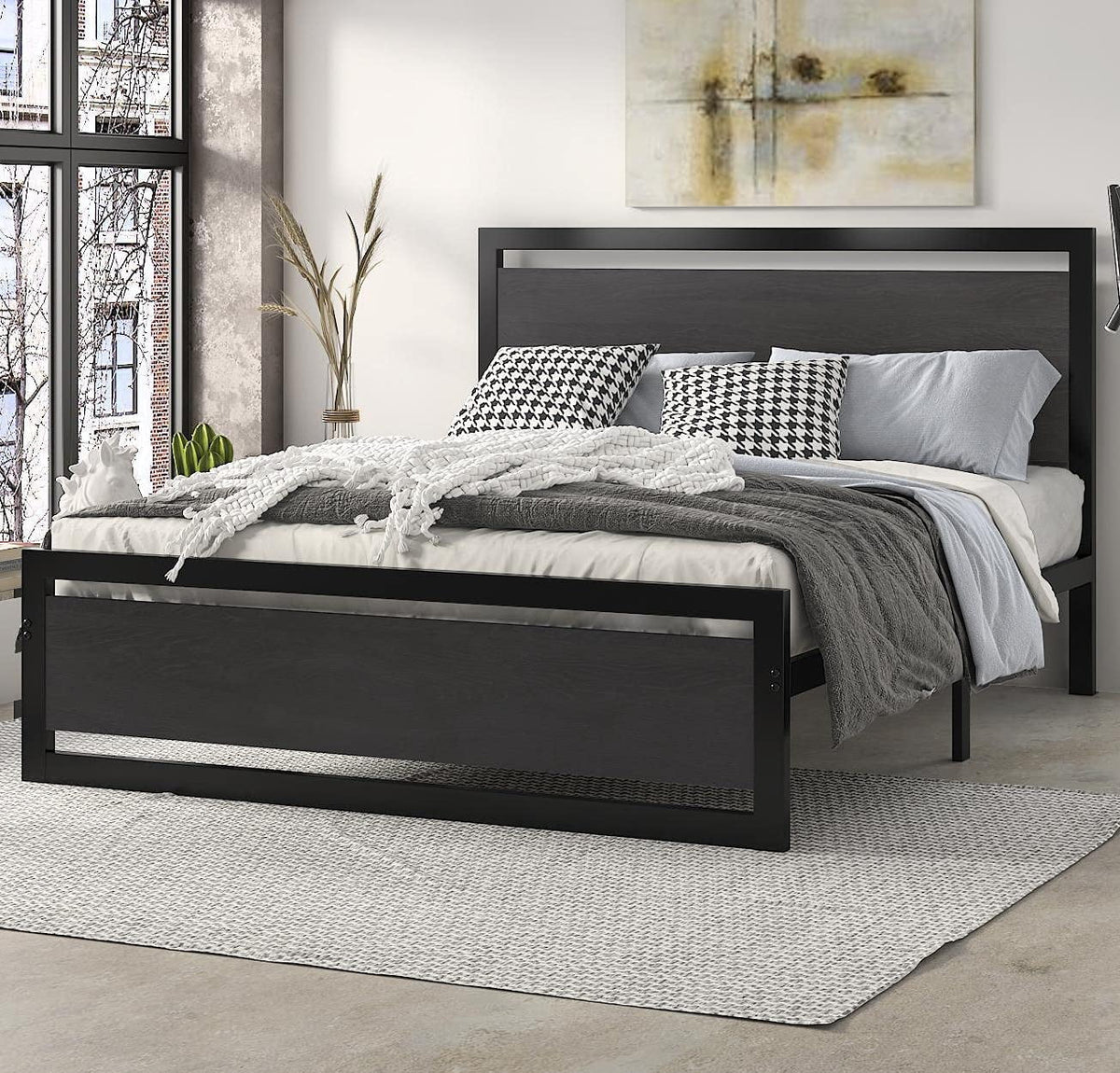 Brown Queen Size Metal Platform Bed Frame with Wooden Headboard L718