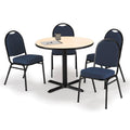 Round 42 inch Breakroom Table with 4 Blue Fabric Stack Chairs J83619