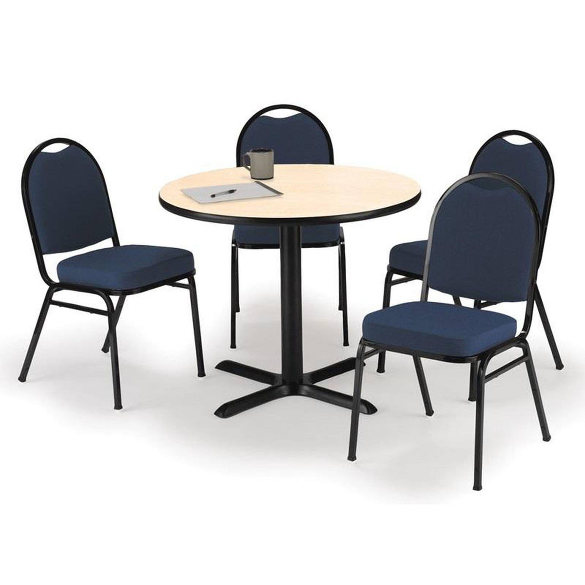Round 42 inch Breakroom Table with 4 Blue Fabric Stack Chairs J83619