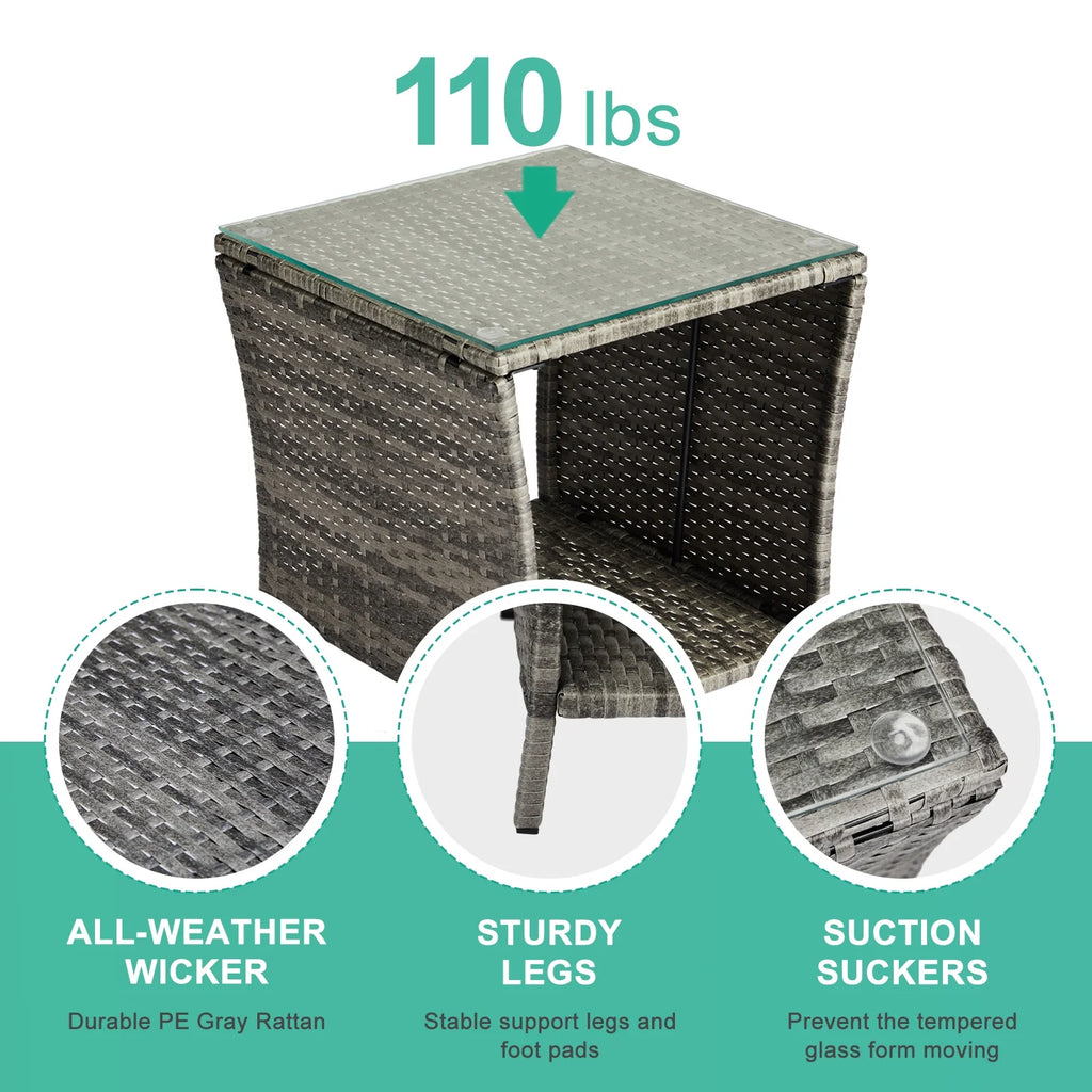 17.9'' PE Rattan Wicker Side Table with Glass Top Storage Shelf I98973