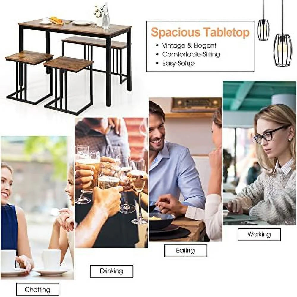 4 Piece Dining Table Set with Bench and 2 Stools W4318