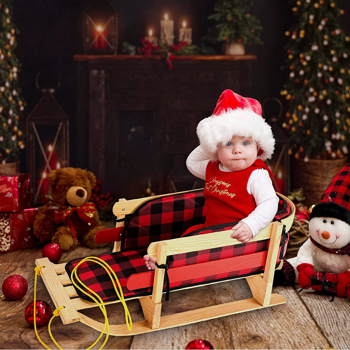 Wood Snow Sled with Cushion Seat and Pulling Rope L842