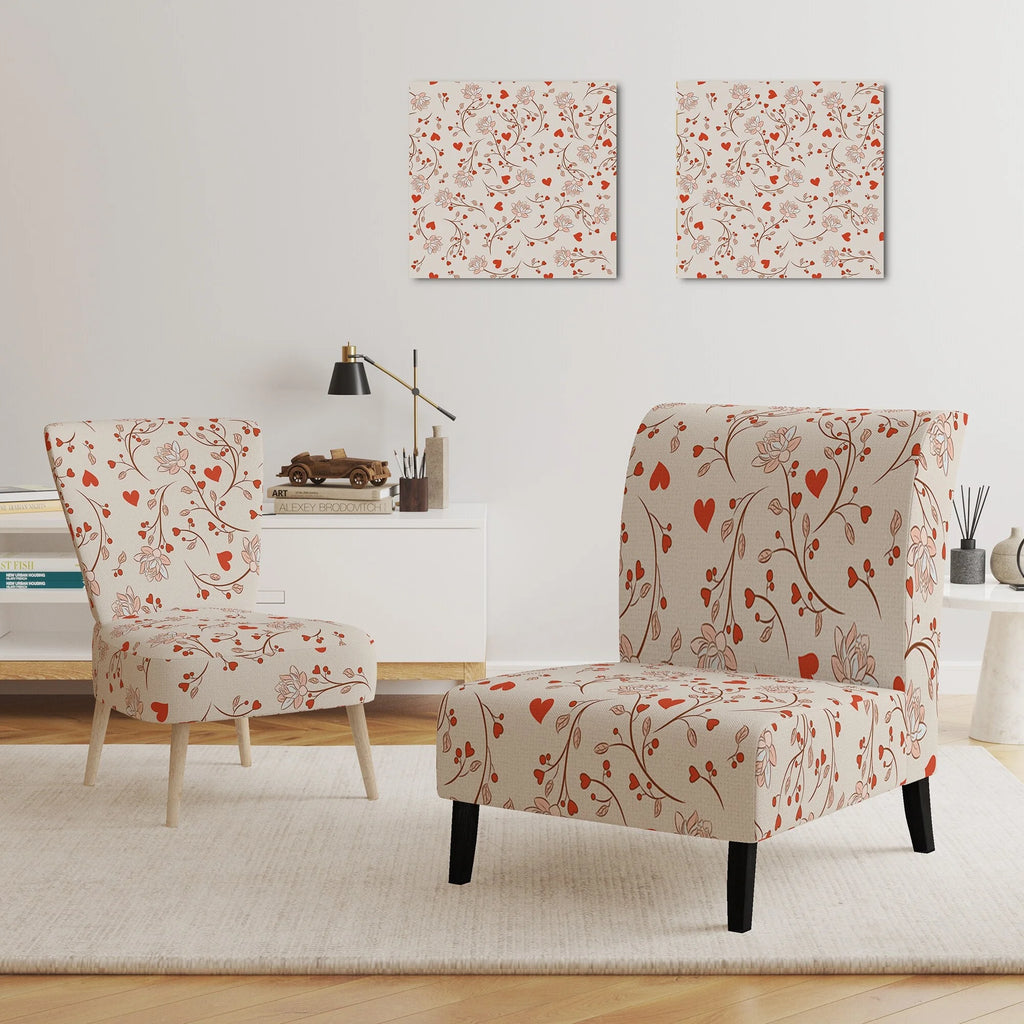 Red Vector Floral Pattern Upholstered Accent Chair and Arm Chair H238198