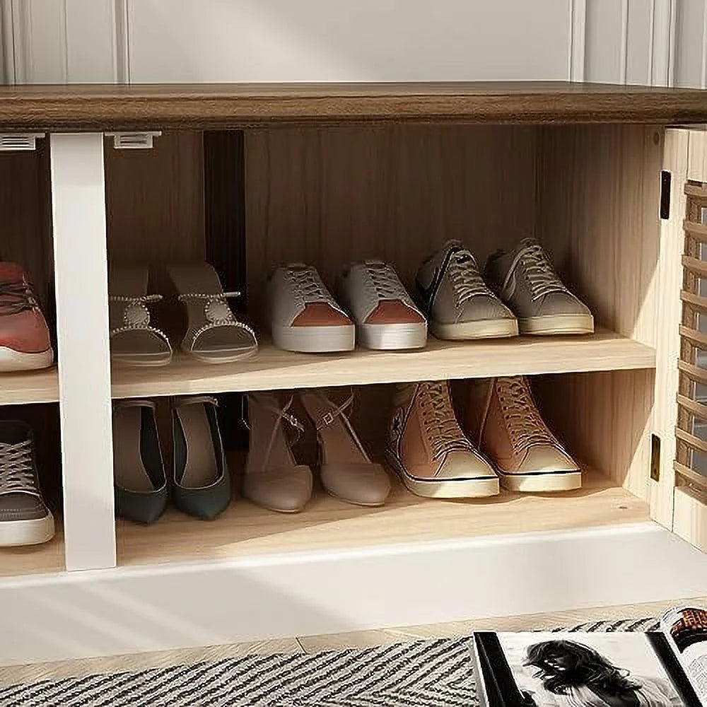Brown and White Shoe Bench with Shelves H39560