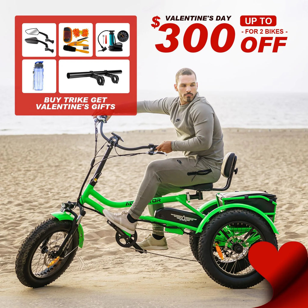 Green Semi-Recumbent Electric Trike, 85MI, Fat Tire 3 Wheel, 750W 48V 20Ah, 20" L21626