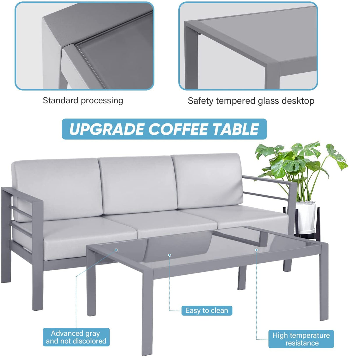 3 Pieces Metal Patio Sectional Sofa with Waterproof Cushion and Coffee Table K572242