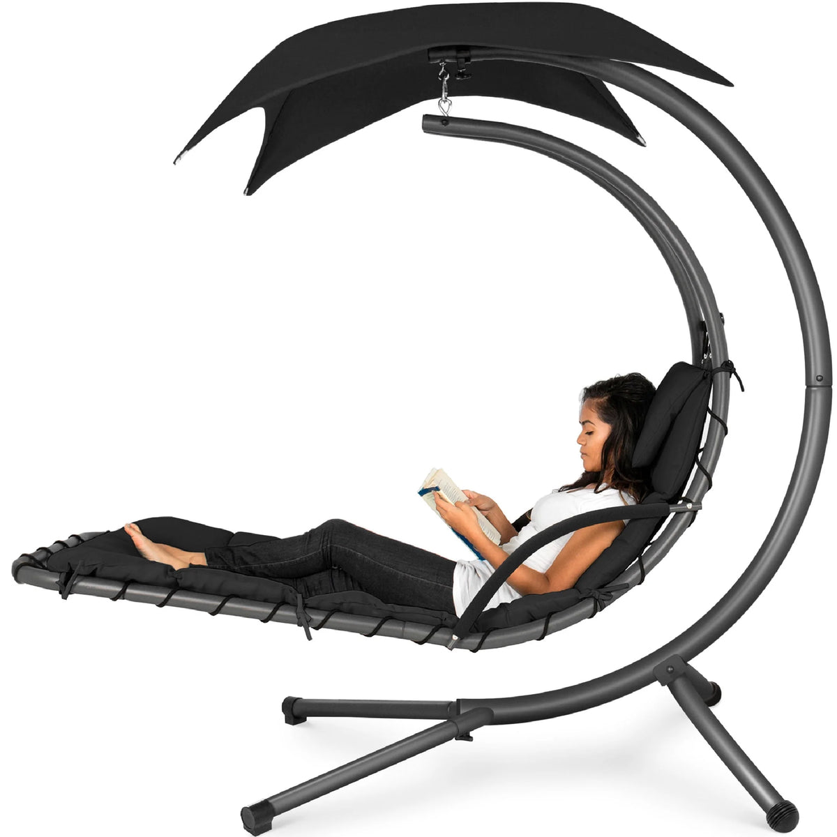 Hanging Curved Chaise Lounge Chair Swing with Pillow, Shade, Stand Z48533