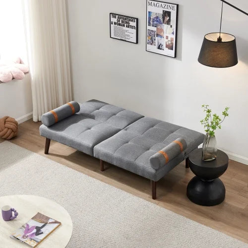 Grey Linen Convertible Sofa Bed Futon with Solid Wood Legs Y8118