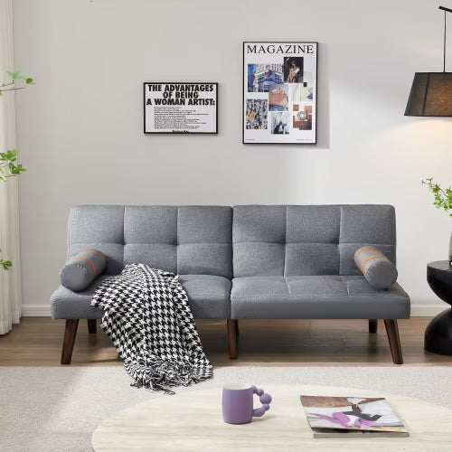 Grey Linen Convertible Sofa Bed Futon with Solid Wood Legs Y8118