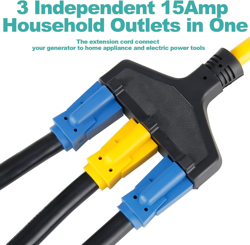 25ft Heavy Duty Generator Power Extension Cord with Cord Organizer, 3 Outlet 10 Gauge Flexible Power Cable Pack of 2 N300164