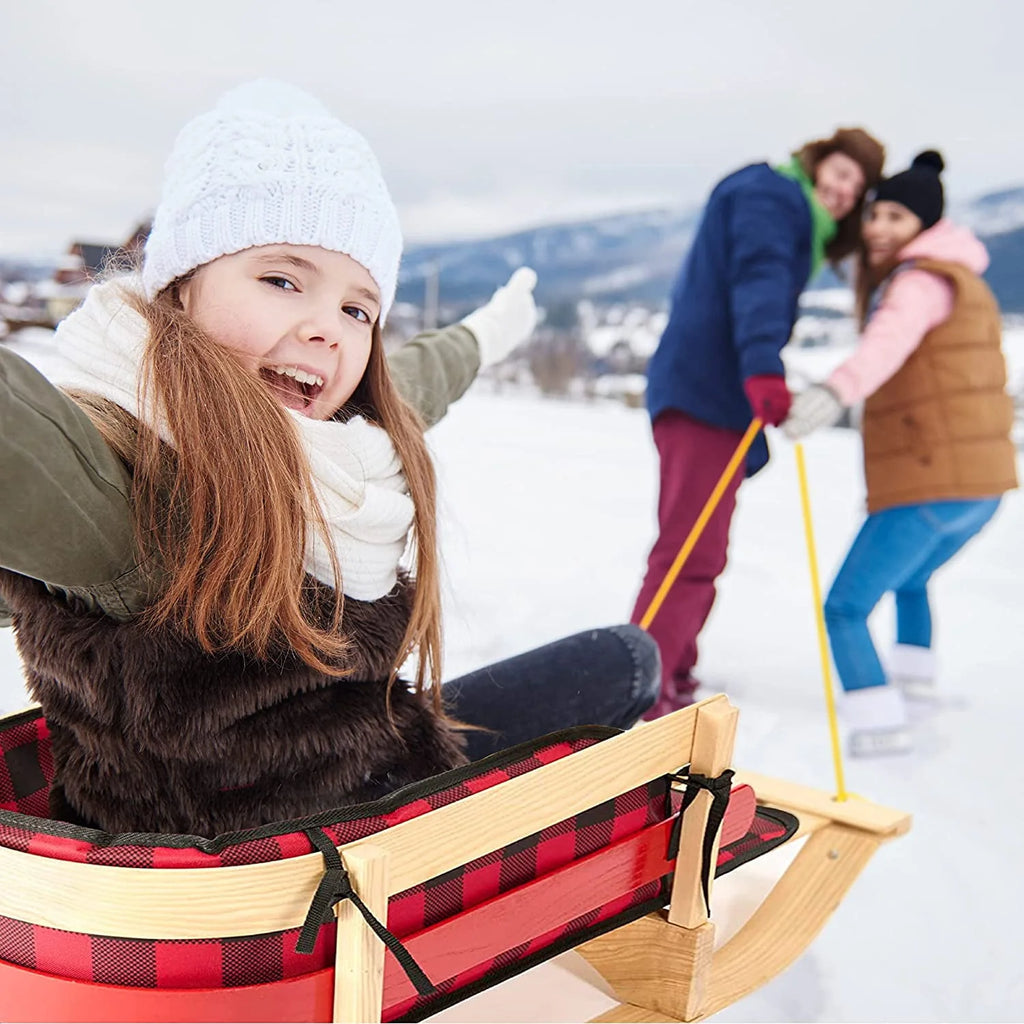 Wood Snow Sled with Cushion Seat and Pulling Rope L842