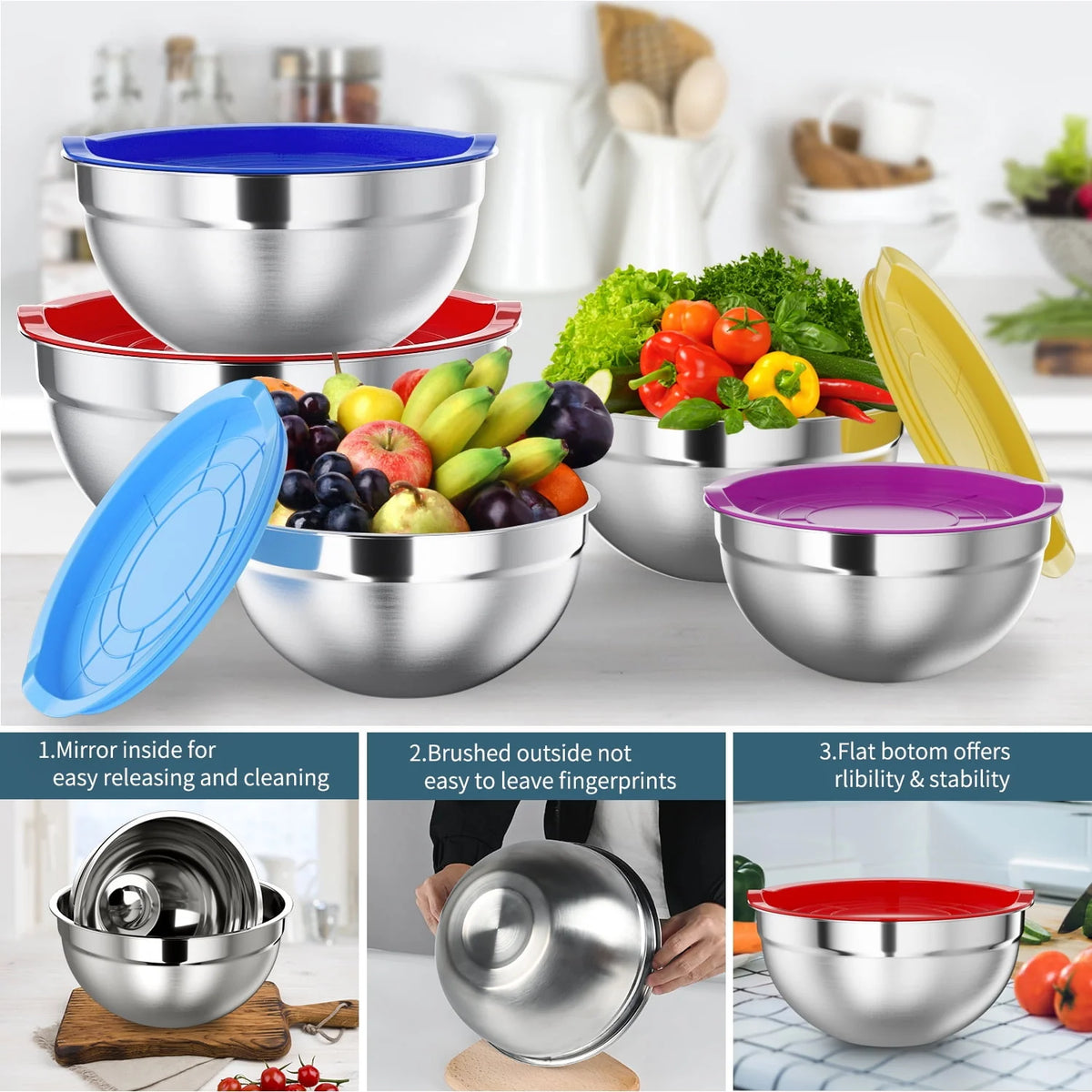 Stainless Steel Mixing Bowls Set with Lids 7 Pc Q710912