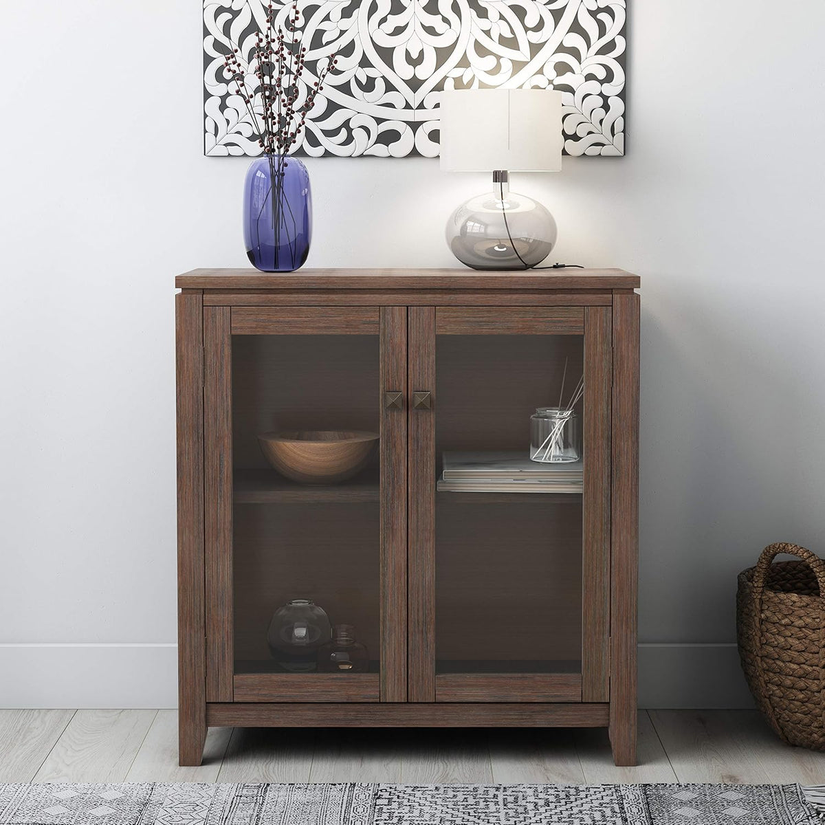 Farmhouse Grey 30 inch Wide Low Storage Cabinet with 2 Tempered Glass Doors G637640
