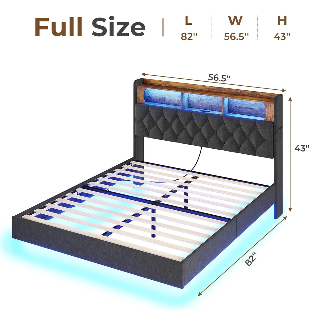 Full Size Platform Bed Frame with Charging Station and LED Lights T2328