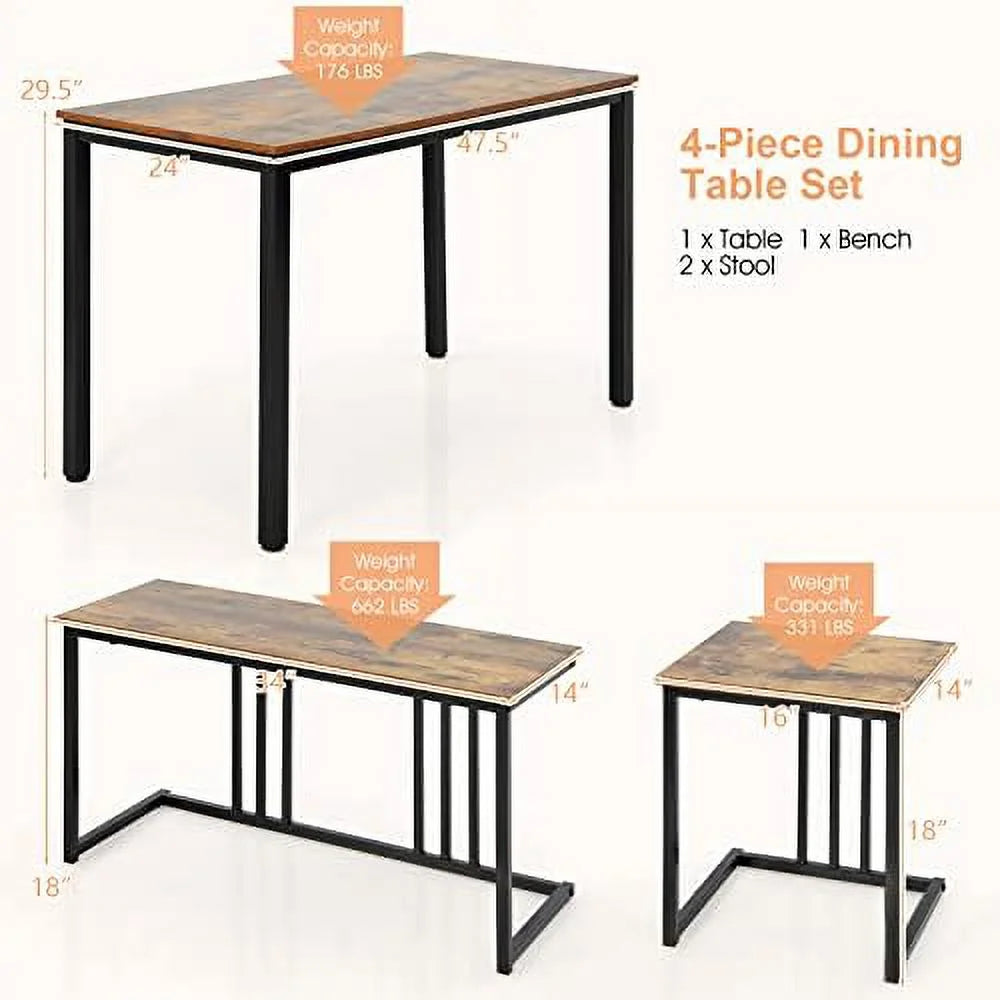 4 Piece Dining Table Set with Bench and 2 Stools W4318