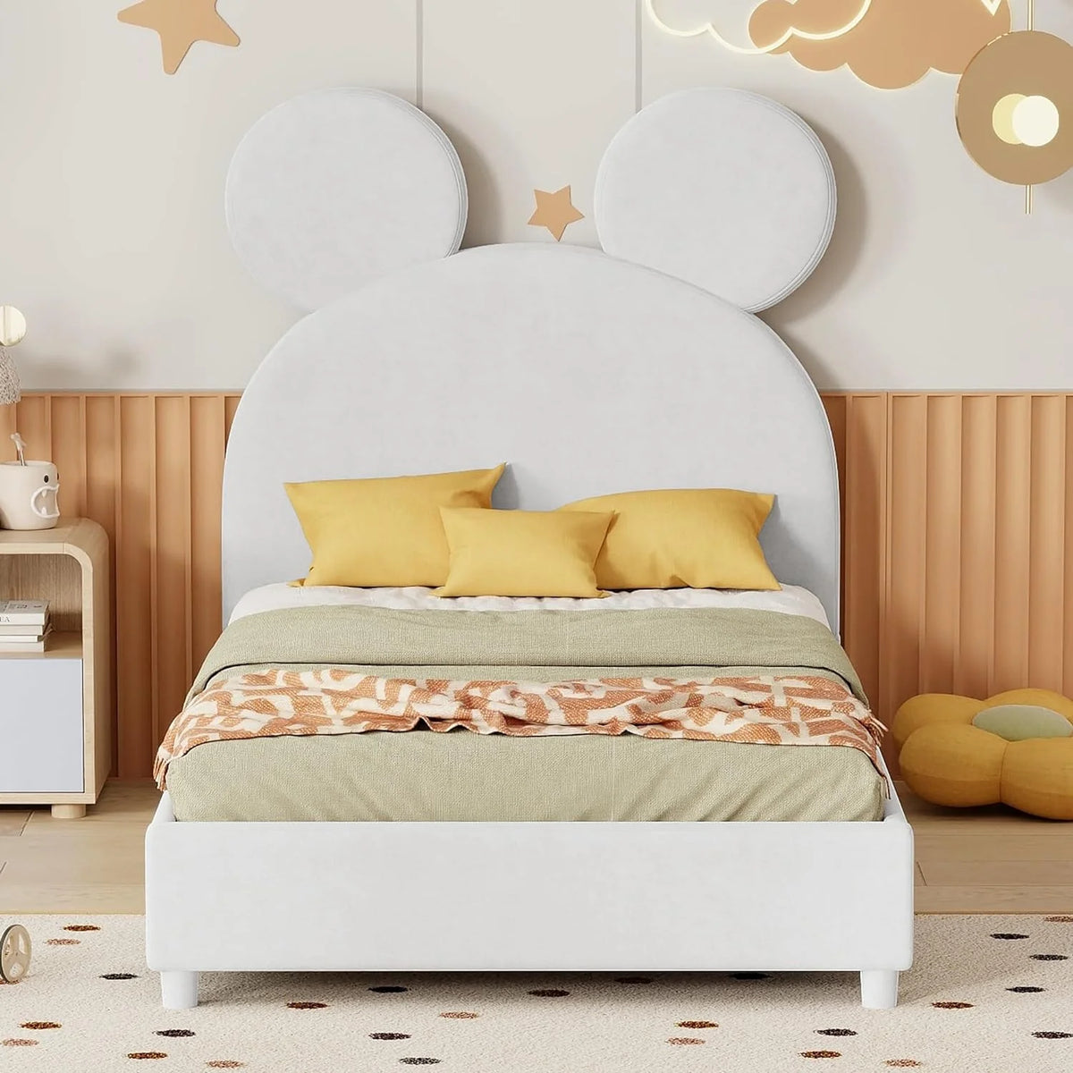 Beige Velvet Upholstered Bed Frame with Slat Support M31664