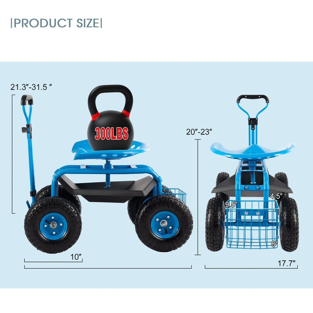 Blue Heavy Duty Rolling Garden Tool Cart with Seat and Storage I2972