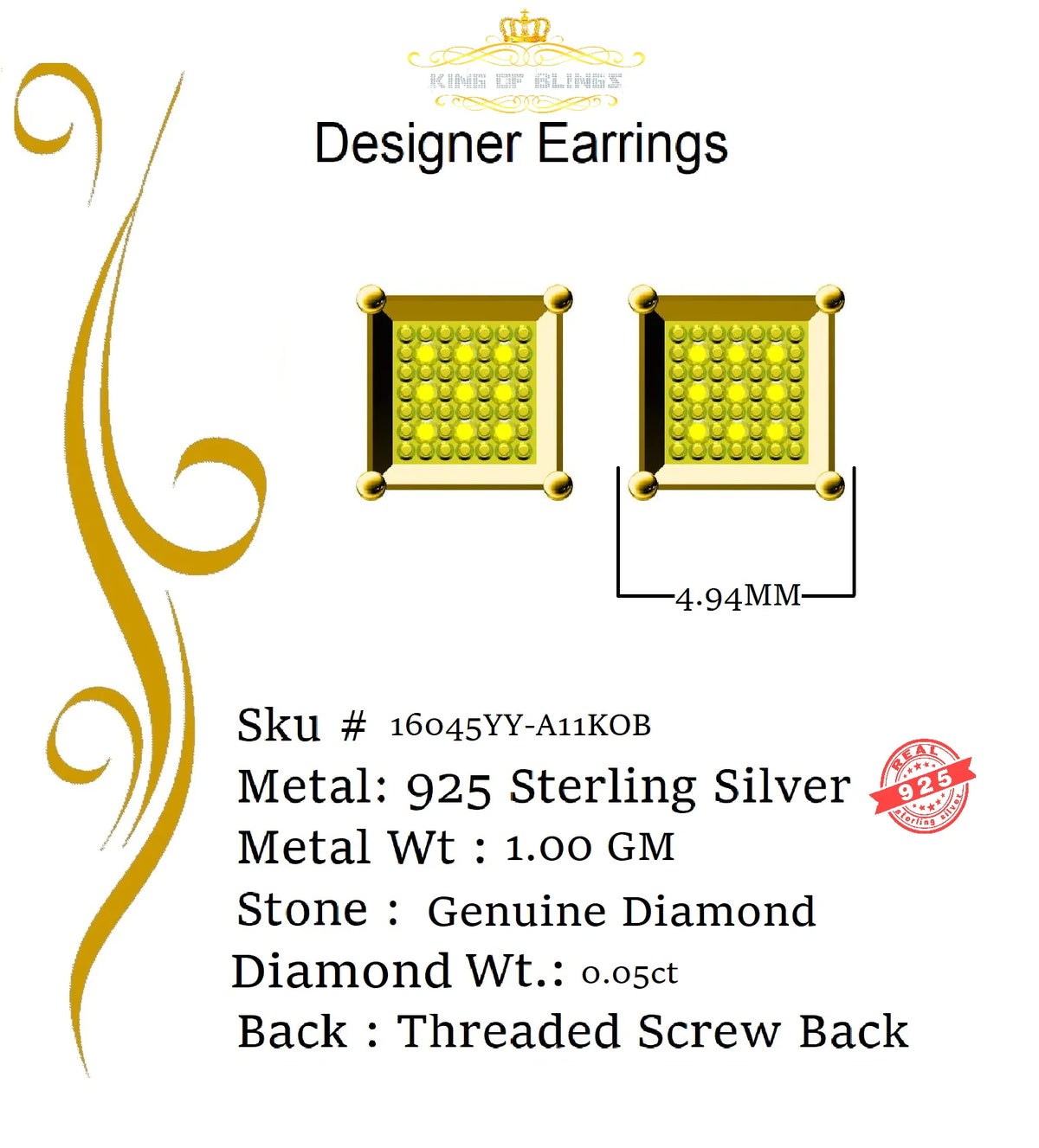 0.05ct Diamond Yellow 925 Sterling Silver Square Stud Earrings K8595